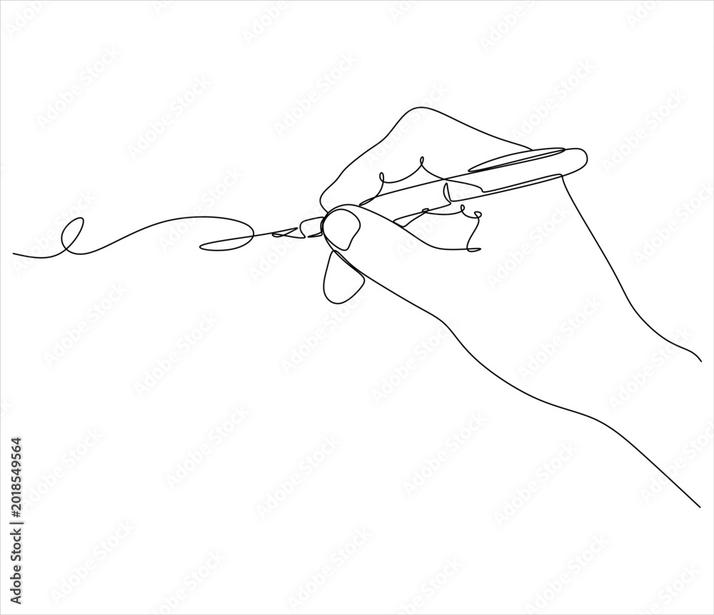 Fototapeta premium Continuous linlineart, line, art, hand, writing, pen, continuous, drawing, illustration, outline, contour, sketch, minimal, minimalism, simple, design, vector, female, wo drawing of a hand with a pen.