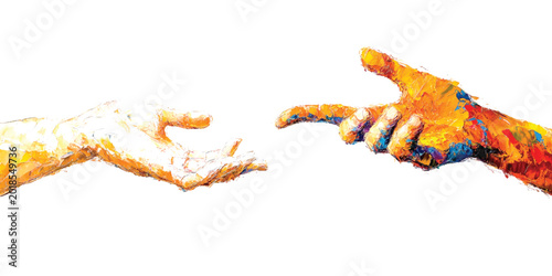 Fotografie Two hands reaching out to each other with thick impasto paint strokes in vibrant