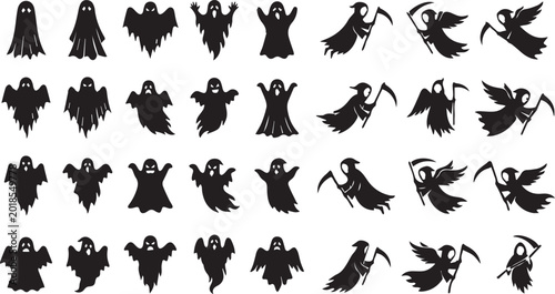 Cuadro en lienzo Spooky Ghost and Grim Reaper Halloween Silhouette Set