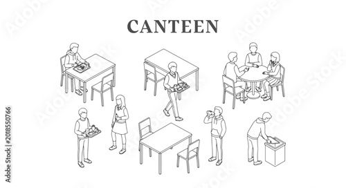 Foto Top view line illustration of CAD canteen set, children cafeteria environment en