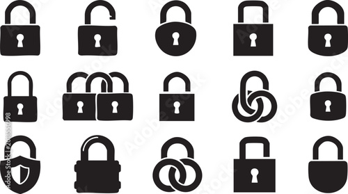 Set of black lock icons over transparent background, different padlocks in flat design, security signs.