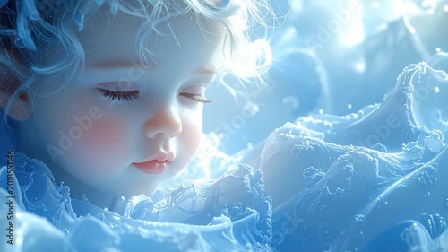 A serene child with closed eyes, surrounded by flowing, ethereal blue