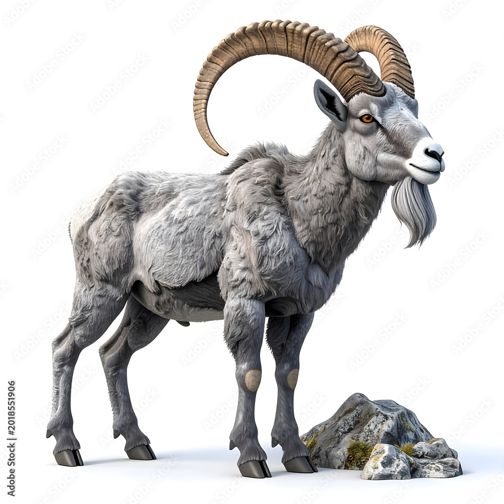 Obraz premium 3d cartoon ibex with curved horns, rocky mountain stance, grayish fur and strong body. 