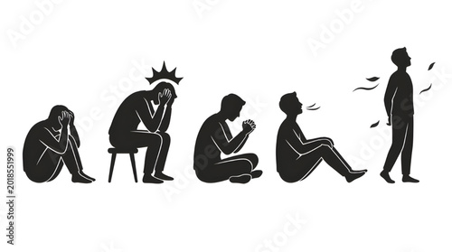 Emotional vector silhouette set showing anxiety and stress concepts with human figures holding head, sitting under pressure, feeling overwhelmed, and gradually moving toward relief and calm