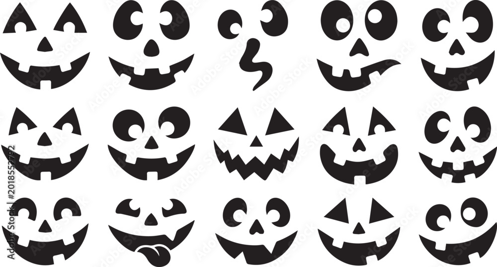 Fototapeta premium Funny Halloween Pumpkin Faces Silhouette Icon Set
