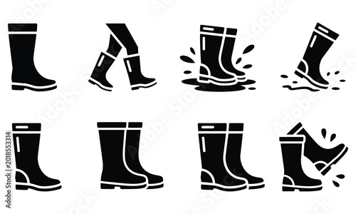 Fotografija Cheerful set of black rubber boot icons showing splashing in puddles and walking with flat lighting on a white field