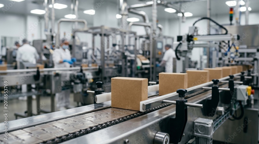 Fototapeta premium Automated assembly line with cardboard boxes moving on conveyor belts in a factory