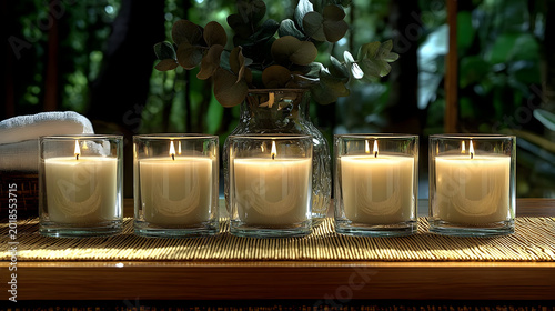 Candles in glass votive holders table.