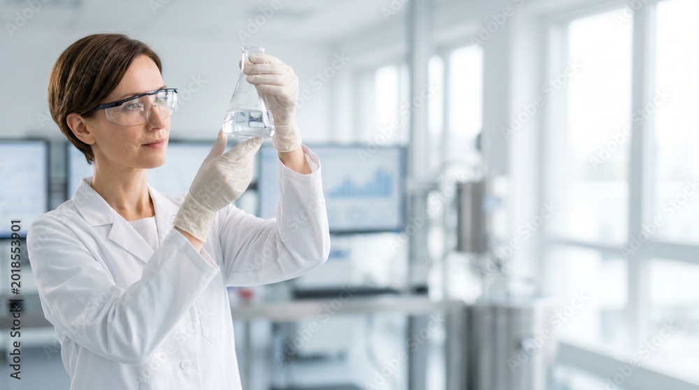 Fototapeta premium Scientific discovery: A focused female researcher in a white coat examining a flask in a modern laboratory with copy space.