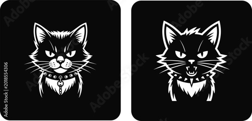 Black Cat Gothic Mascot Minimal Vector Illustration. Spooky Feline Character Dark Tattoo Style Design.