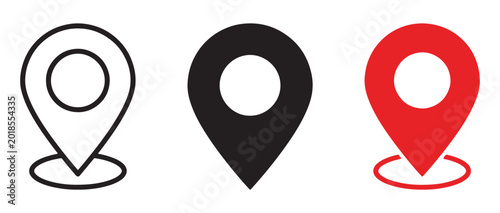 Set of three location pin map markers in outline solid black and red colors for navigation design