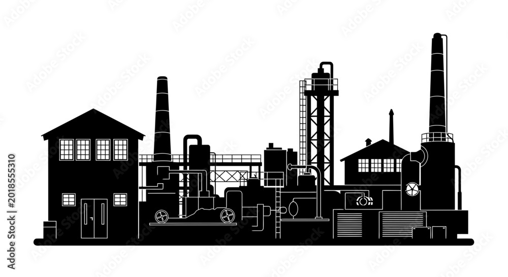 Fototapeta premium Heavy industry factory complex silhouette on white background