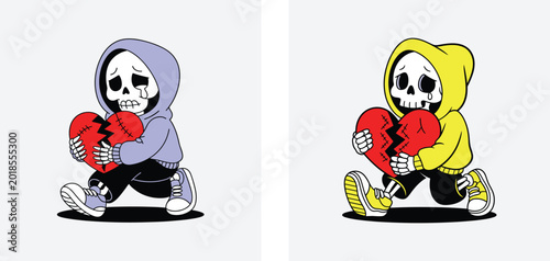Cute Grim Reaper Holding Broken Heart Cartoon Illustration. Hooded Skeleton Character with Heart Street wear Mascot.