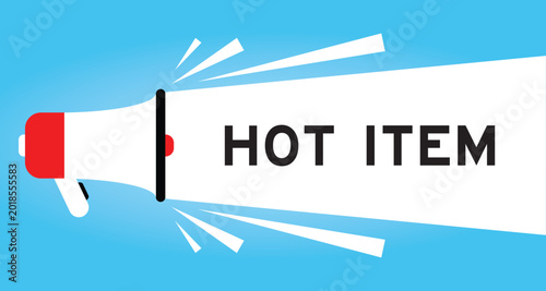 Foto Color megaphone icon with word hot item in white banner on blue background