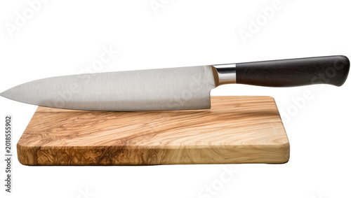 Foto Stainless steel chef s knife resting on rustic olive wood cutting board