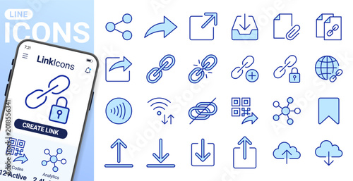 Link share line icons set. Hyperlinks, download, upload, cloud storage, QR code, secure attachment flat minimal vector illustrations. Simple outline ui signs. Blue duotone color, Editable Stroke.