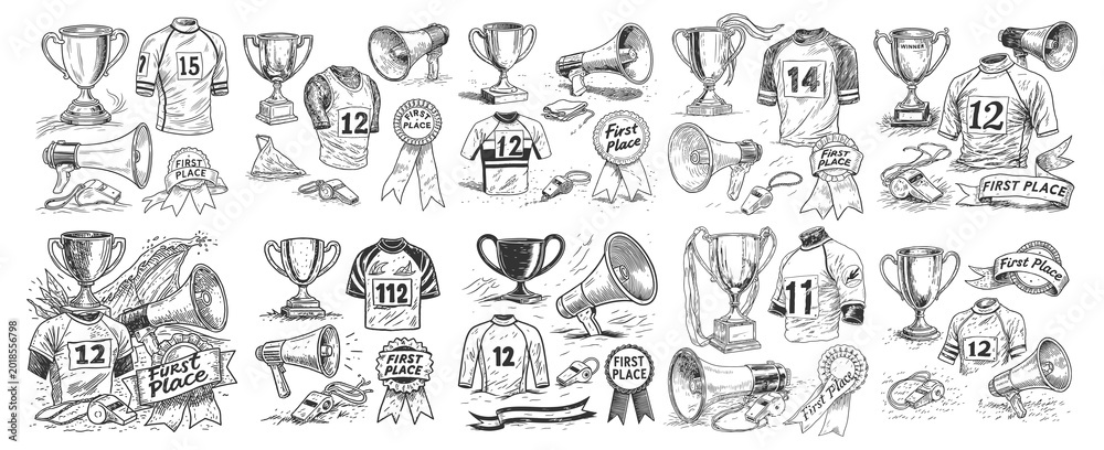 Fototapeta premium Sports competition achievement set with trophies winner ribbons megaphones jerseys and whistles