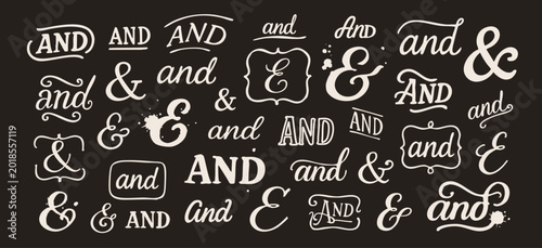 Ampersand symbols, and words set. Various shapes, fonts, styles, textures. Different frames. Hand dawn Vector illustration. Isolated design elements. Wedding invitation, poster, card templates