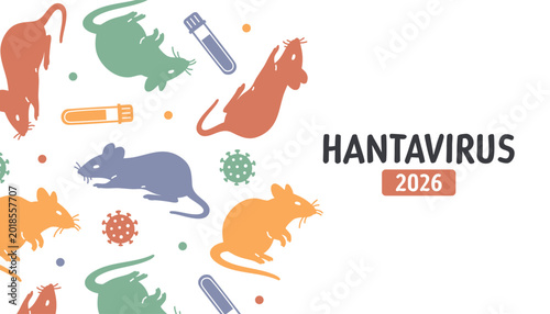 Hantavirus Disease Awareness flat vector illustration with laboratory rats, test tubes and hantavirus symbols. Medical research concept about hantavirus infection, pandemic prevention, virus transmiss