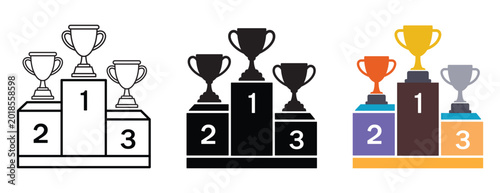 Tableau sur toile Three styles of winner podiums with trophies showing first second and third plac