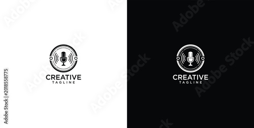 Tableau sur toile Minimalist creative audio studio logo featuring a microphone with dynamic sound