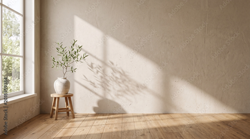 Fototapeta premium Soft sunlight filters through a window. Vase holds delicate greenery on a small wooden stool. Textured walls and warm wood floors create calm serenity