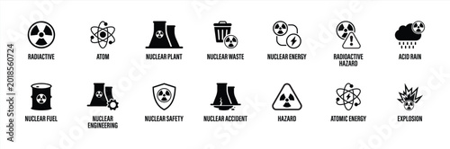 Nuclear Energy and Radioactive Hazard Icon Set with Atomic Power Plant, Radiation Safety and Waste Management Symbols