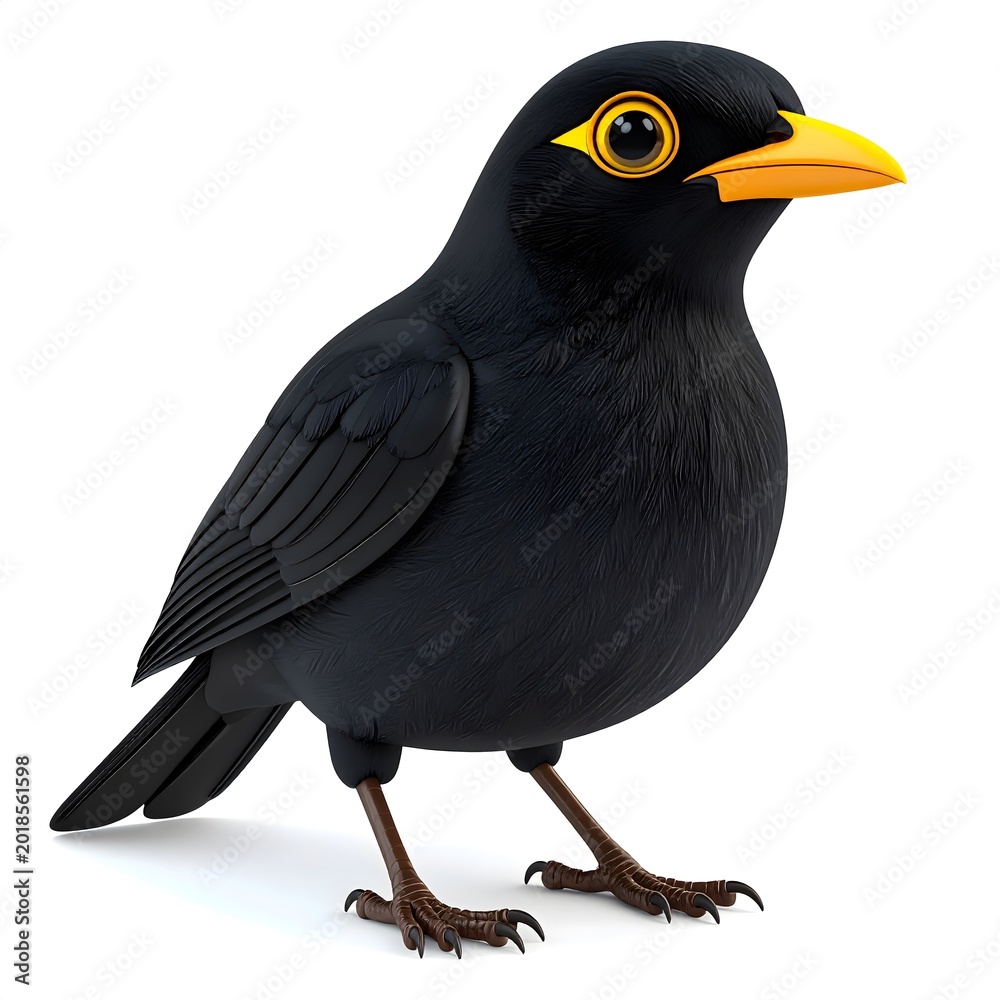 Fototapeta premium 3D cartoon of a myna bird with glossy black feathers, bright yellow eye patches.