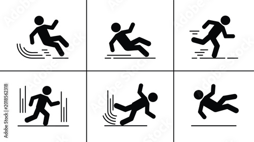 Schilderij op canvas Set of black stick figure icons depicting various slipping, tripping, falling, and running accidents for workplace safety and warning signage design
