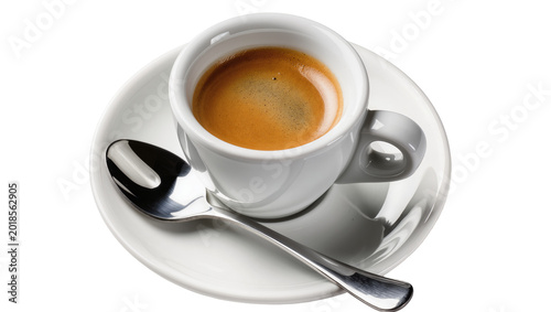 Cuadro en lienzo Creamy brown espresso in white porcelain cup and saucer with spoon
