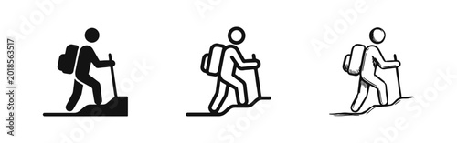 Hiking Icon Set with Person Walking Uphill with Backpack and Stick Solid Outline and Sketch Styles for Travel Adventure