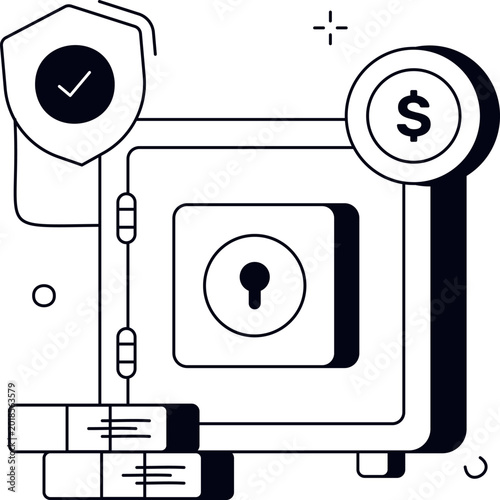 Konstfotografi Safe box dollar coin and shield representing financial security and banking safe
