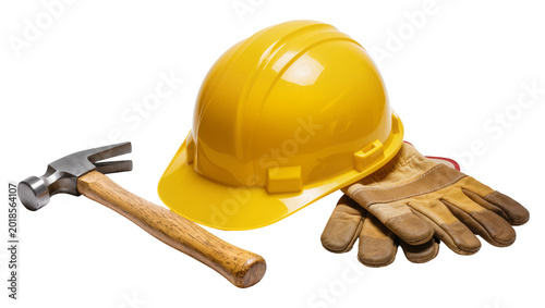 Photos Yellow Construction Helmet Hammer, and Brown Work Gloves