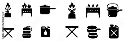 Cooking icons with pot pan grill minimal