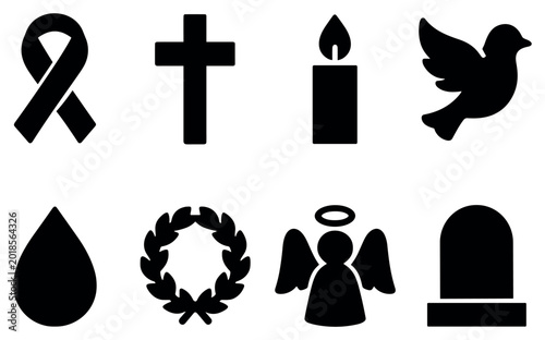 Funeral icons with ribbon cross candle silhouette simple