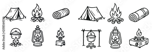 Camping icons with tent fire lantern outline