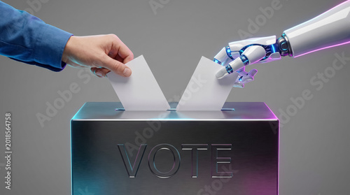 Human and robot casting ballots into vote box, AI election and future of digital democracy concept. 