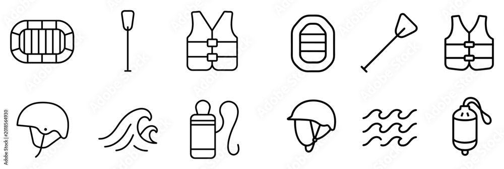 Naklejka premium Water safety icons with raft paddle helmet outline