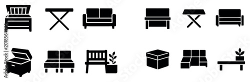 Furniture icons with sofa bench table solid