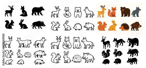 Minimalist animal icons: deer, fox, bear, rabbit
