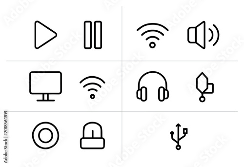 Media icons with play and wifi outline