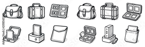 Travel icons with satchel briefcase wallet sketch