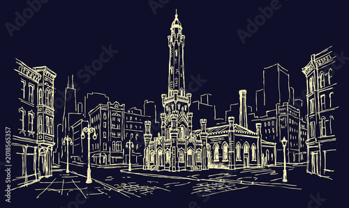 Vector line art of a vintage building. Old Building In Chicago City.