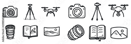 Photography icons with camera drone tripod sketch