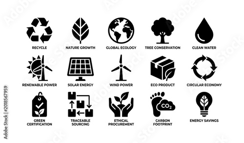 Environmental icons representing sustainability and renewable concepts