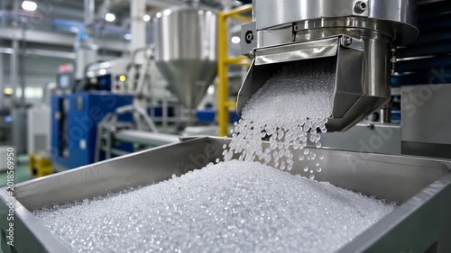 Plastic polymer pellets flowing through industrial manufacturing machine in modern factory production