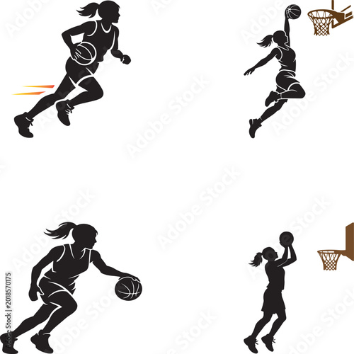 Female basketball player silhouette, woman athlete sports action vector icon.