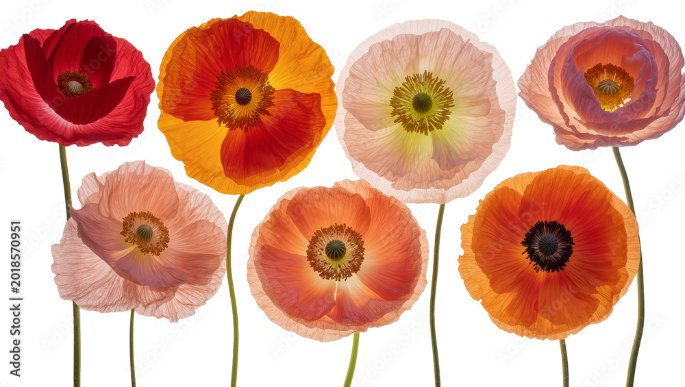 Obraz premium Vibrant Red Orange Pink Poppies Arrangement with Green Stems