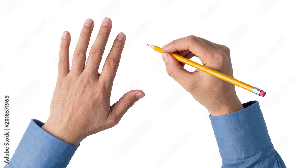 Fototapeta premium Human hand holding yellow pencil writing with another hand gesturing