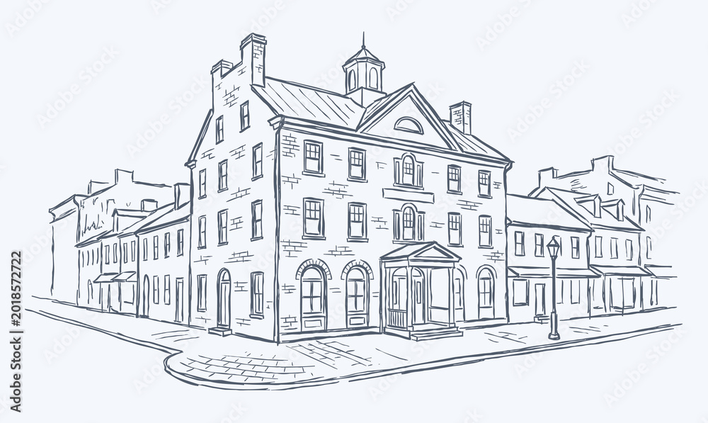 Obraz premium Vector line art of a vintage building. Old Building In Gettysburg City.
